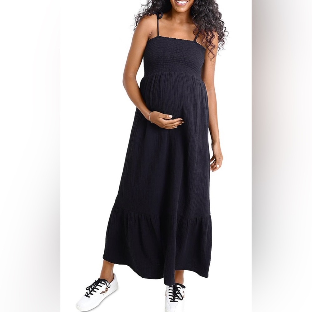 Ingrid & Isabel Black Tiered Maternity Smocked Bodice Maxi Midi Dress Sz S Boho